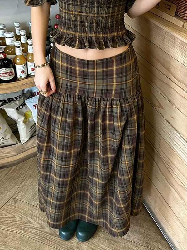 Retro Plaid Color-Blocking Maxi Skirt