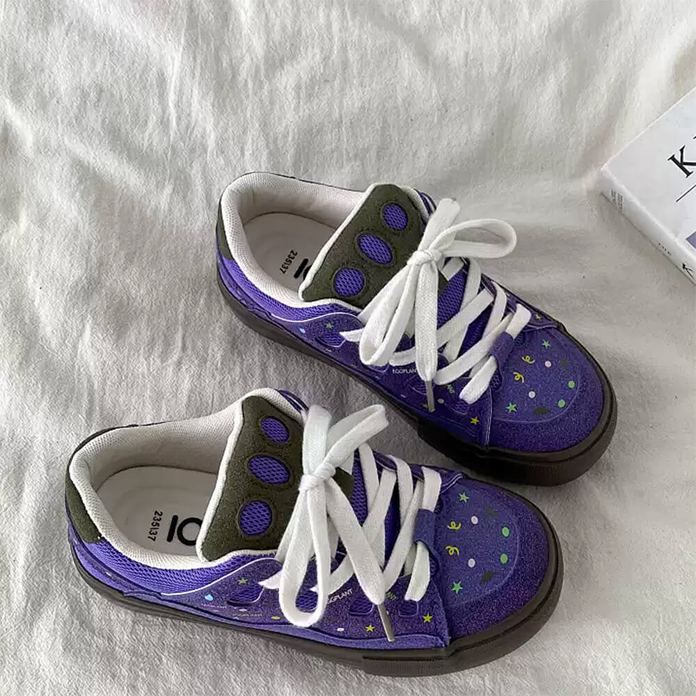 CELESTIAL SKATER SNEAKERS VIBRANT PURPLE STAR PATTERN