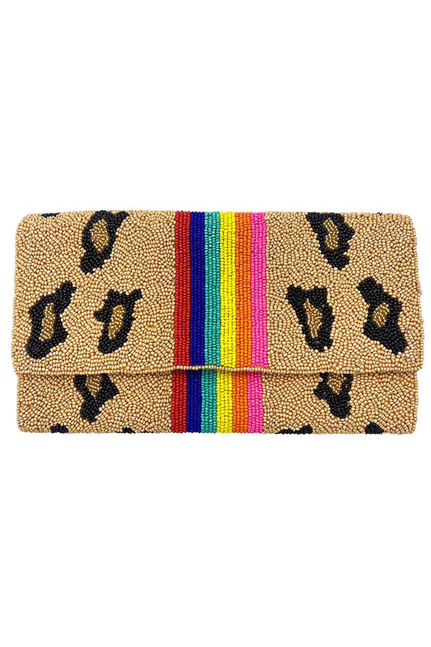 Center Rainbow Stripe Glass Beads Clutch