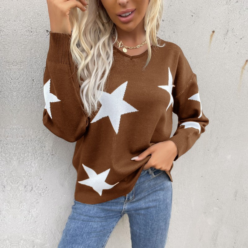 women's pentagram round neck long sleeve bottoming knitted sweater - Closther