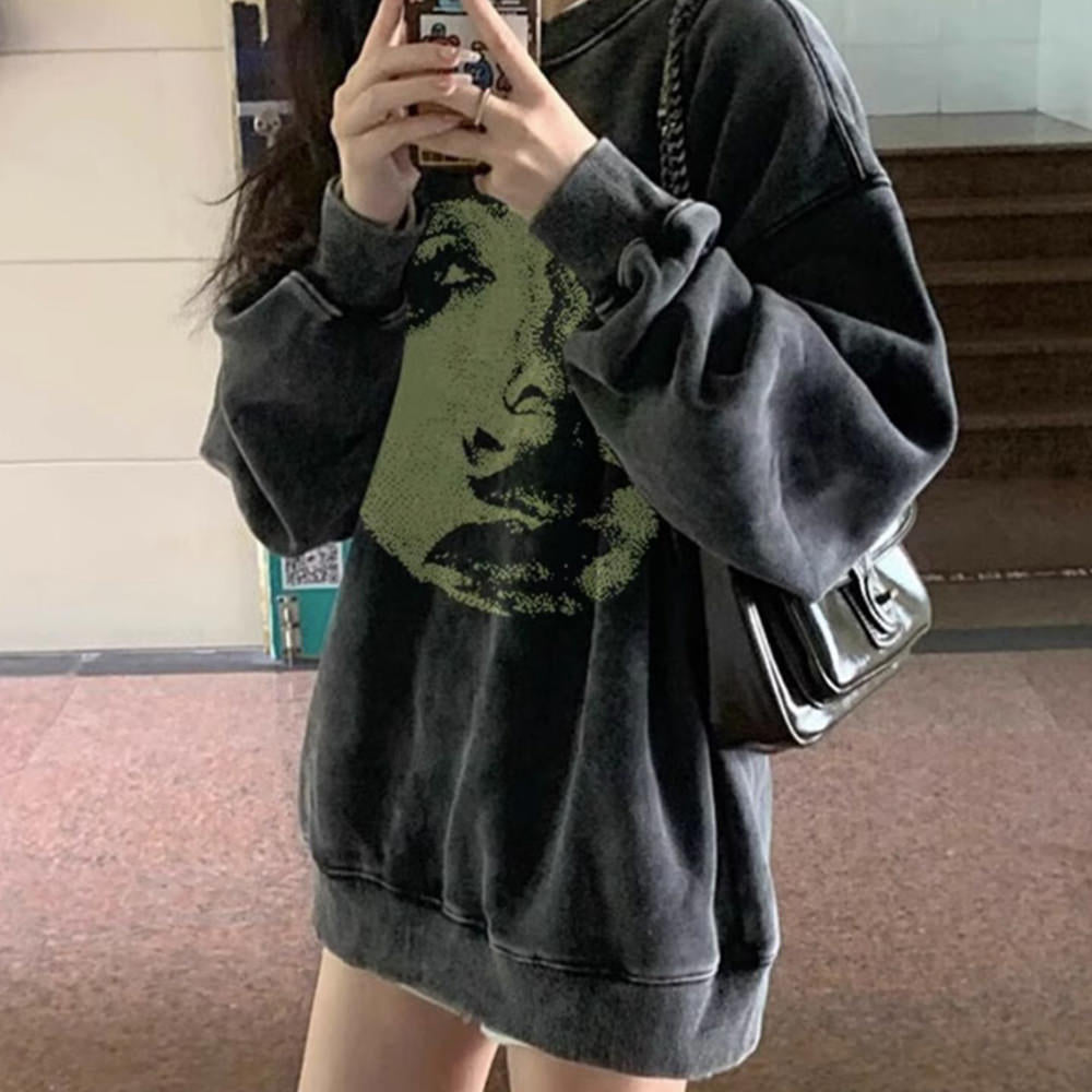 CHARCOAL GRUNGE SWEATSHIRT FACE PRINT GRUNGE