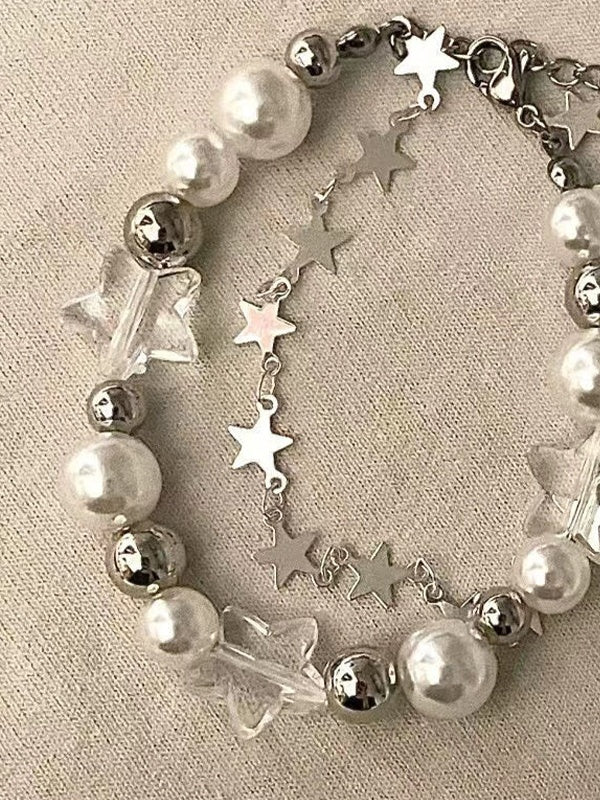 CHARM BRACELET WITH PEARL AND STAR DESIGN GEOMETRIC PEARL ALLOY