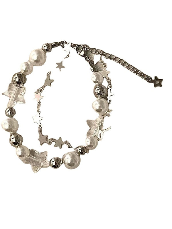 CHARM BRACELET WITH PEARL AND STAR DESIGN GEOMETRIC PEARL ALLOY