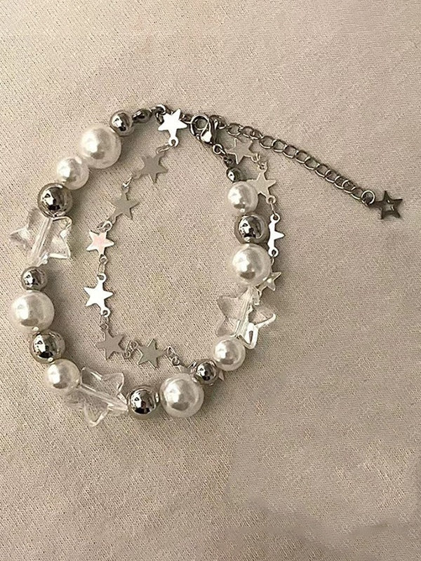 CHARM BRACELET WITH PEARL AND STAR DESIGN GEOMETRIC PEARL ALLOY