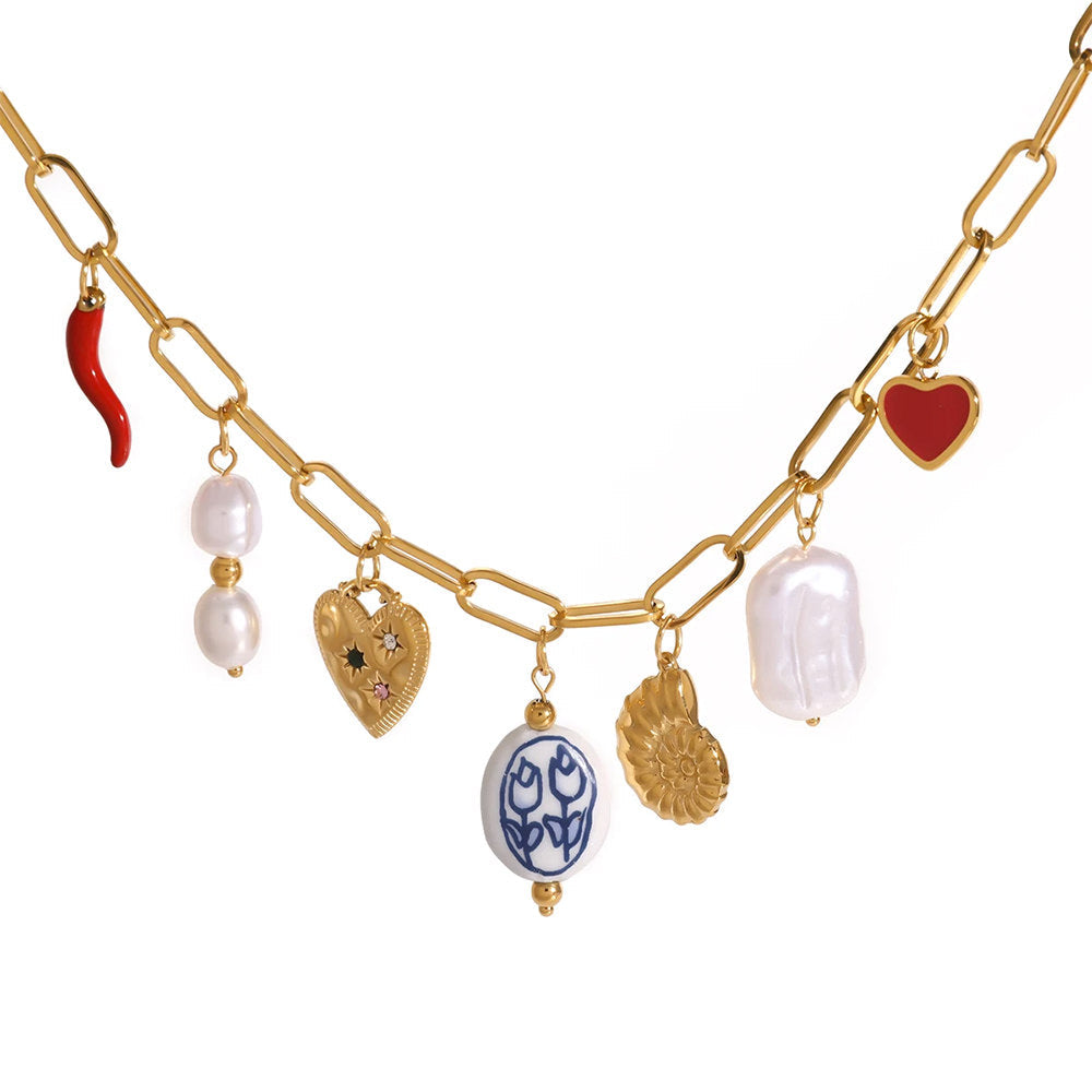 CHARM NECKLACE ELEGANT HEART PEARL LOVE TOKEN CHARM