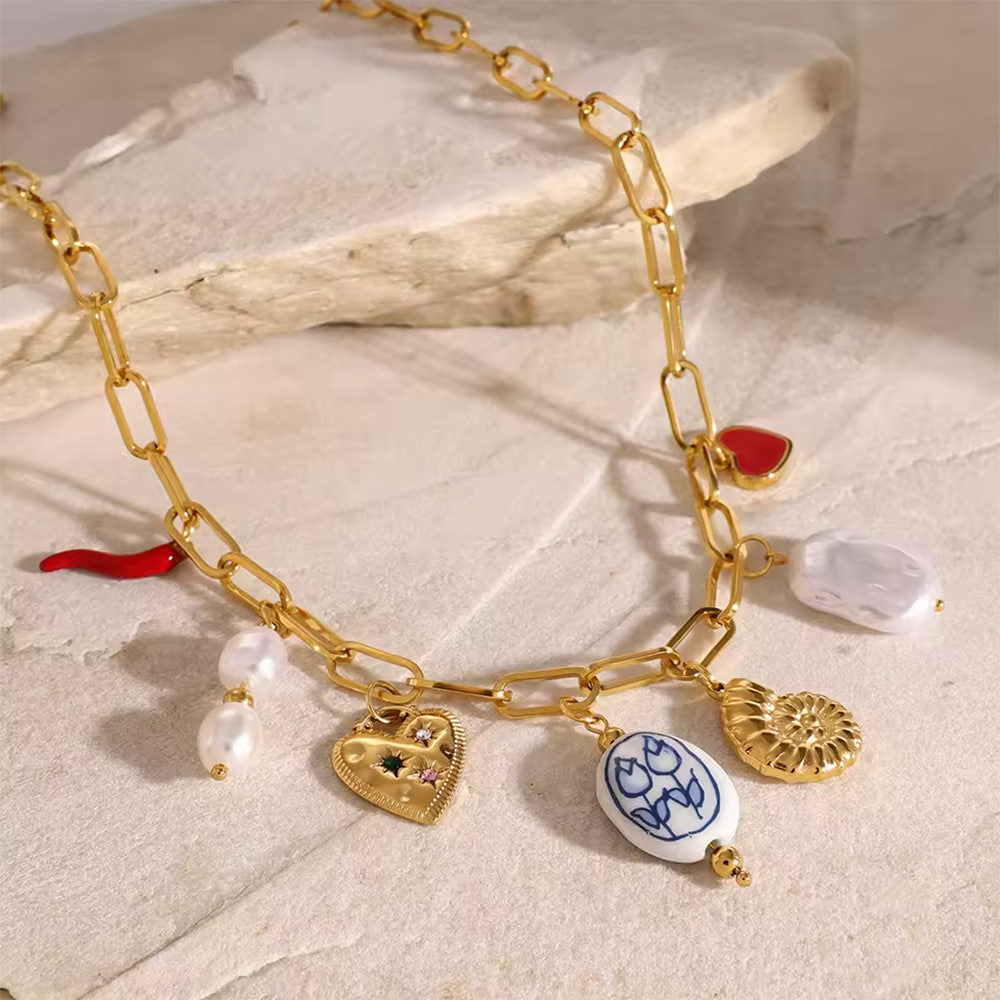 CHARM NECKLACE ELEGANT HEART PEARL LOVE TOKEN CHARM