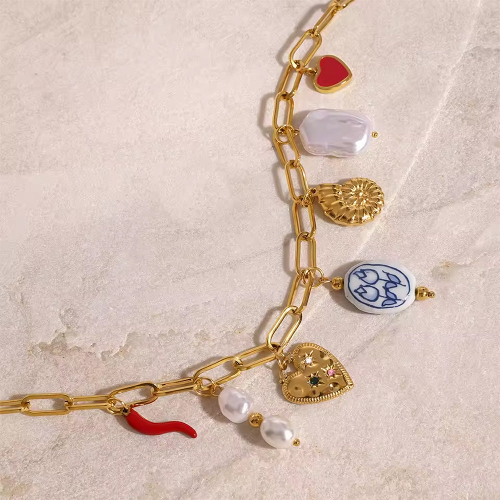 CHARM NECKLACE ELEGANT HEART PEARL LOVE TOKEN CHARM
