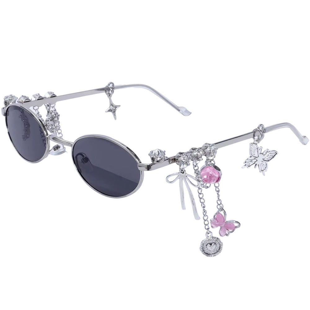 CHARM SUNGLASSES: SILVER FRAMES WITH DANGLING BUTTERFLY CHARMS
