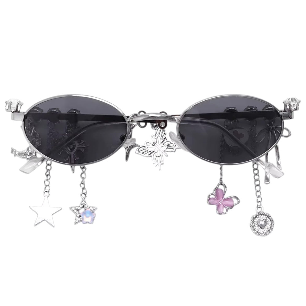 CHARM SUNGLASSES: SILVER FRAMES WITH DANGLING BUTTERFLY CHARMS