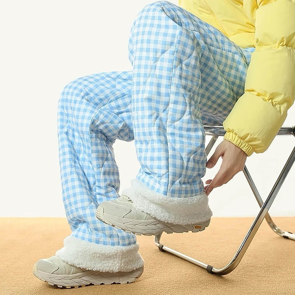 CHECKERED QUILTED PANTS WITH FUR TRIM WAIST MEASURES APPROXIMATELY