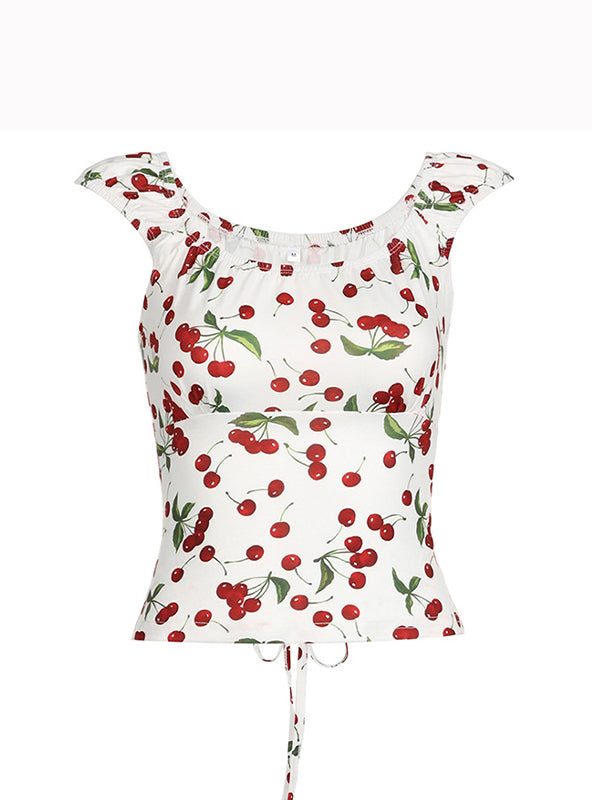 CHERRY-PATTERNED OFF-THE-SHOULDER TOP SLIM FIT Y2K STYLE