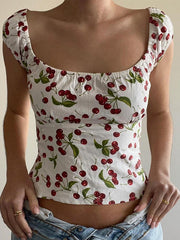 CHERRY-PATTERNED OFF-THE-SHOULDER TOP SLIM FIT Y2K STYLE