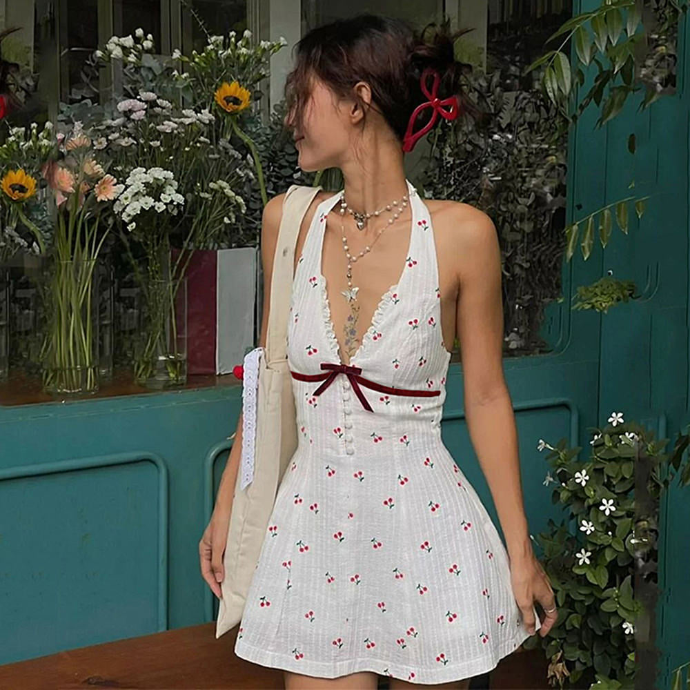 CHERRY PRINT HALTER MINI DRESS