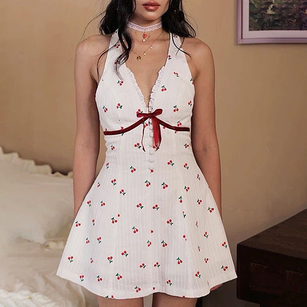 CHERRY PRINT HALTER MINI DRESS