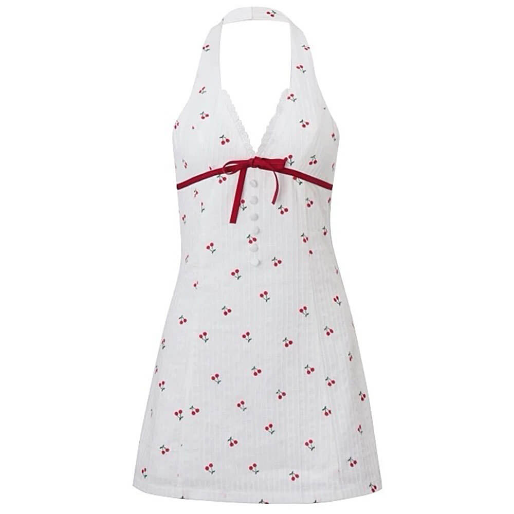 CHERRY PRINT HALTER MINI DRESS