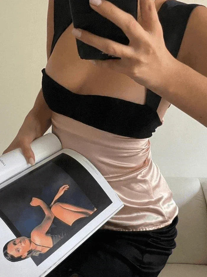 CHIC SATIN TOP IN BLACK AND PINK - Y2K SATIN PATCHWORK FASHION