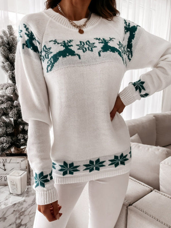 Christmas casual elk partial jacquard women’s knitted long-sleeved top