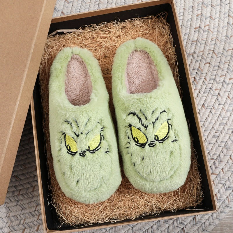 Christmas cotton slippers for men and women green furry winter warm indoor slippers - White / 30