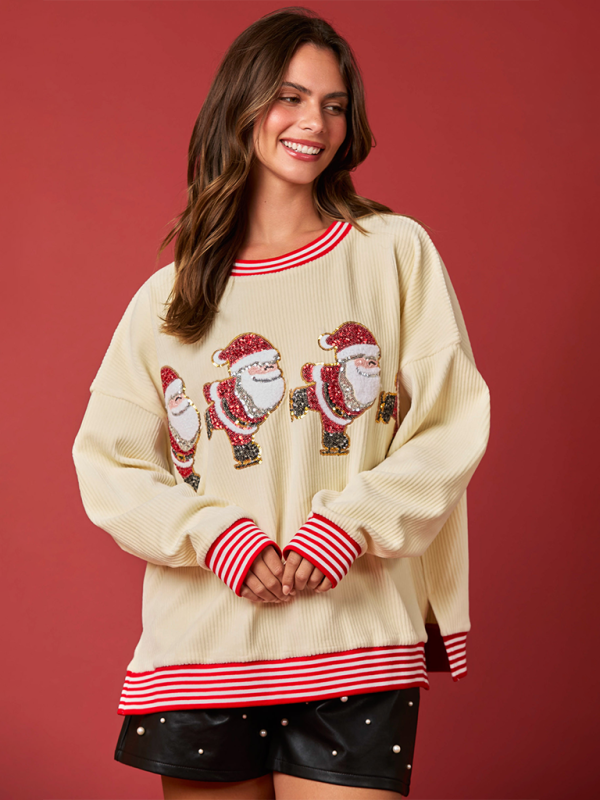 Christmas decoration sequin corduroy sweatshirt color block stripe top - Cream / S