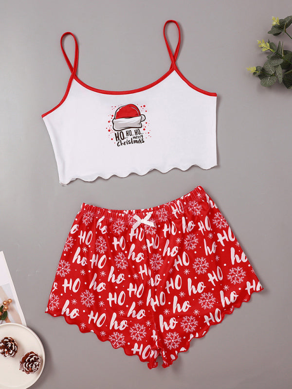 Christmas letter elk Christmas hat print sleeveless shorts simple casual two-piece home clothes - Red / S