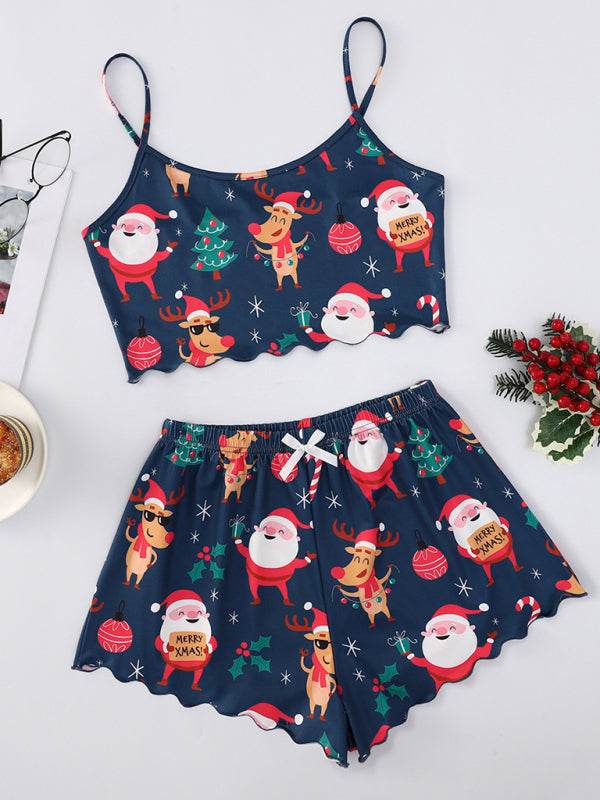 Christmas Santa Claus Elk Print Sleeveless Shorts Simple Casual Two-piece Home Clothes - Pattern4 / S