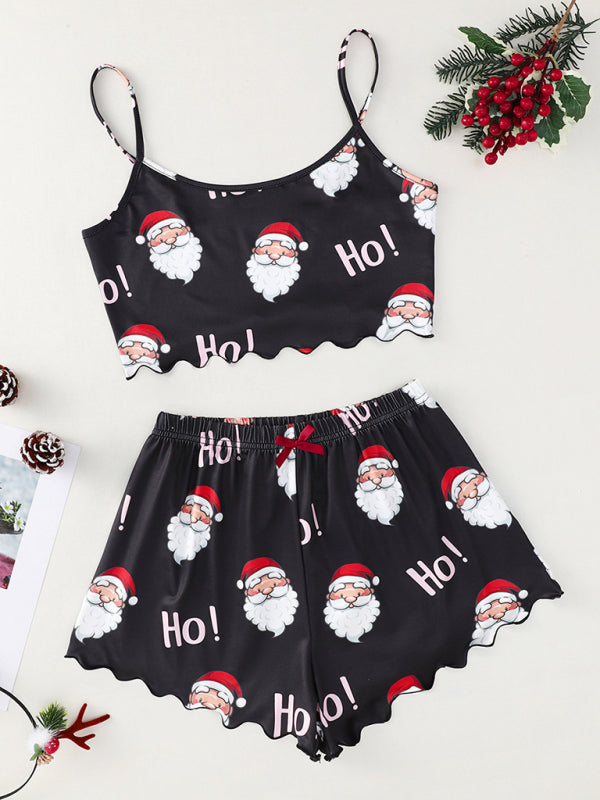 Christmas Santa Claus Elk Print Sleeveless Shorts Simple Casual Two-piece Home Clothes - Pattern1 / S