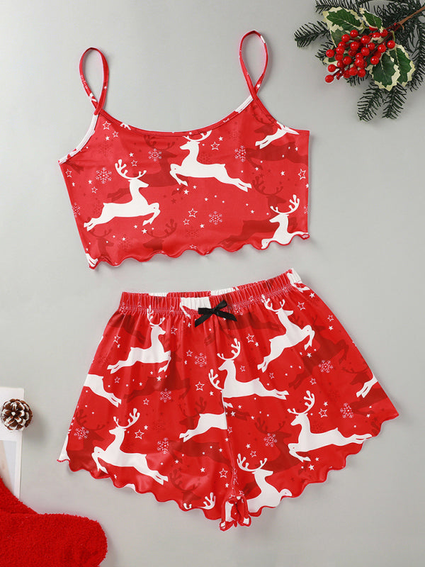 Christmas Santa Claus Elk Print Sleeveless Shorts Simple Casual Two-piece Home Clothes - Red / S