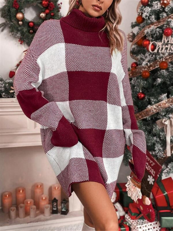 Burgundy and white checkered sweater dress with Christmas turtleneck loose fit