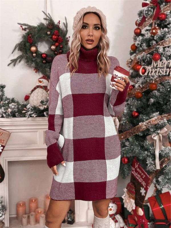 Burgundy and white plaid sweater dress with Christmas turtleneck loose slimming fit