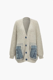 CHUNKY KNIT CARDIGAN WITH DENIM POCKETS - DENIM PATCHWORK CARDIGAN