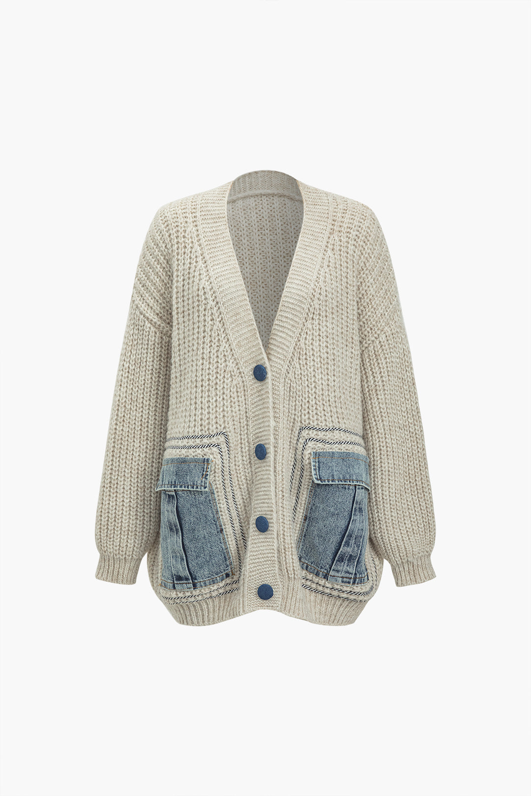 CHUNKY KNIT CARDIGAN WITH DENIM POCKETS - DENIM PATCHWORK CARDIGAN