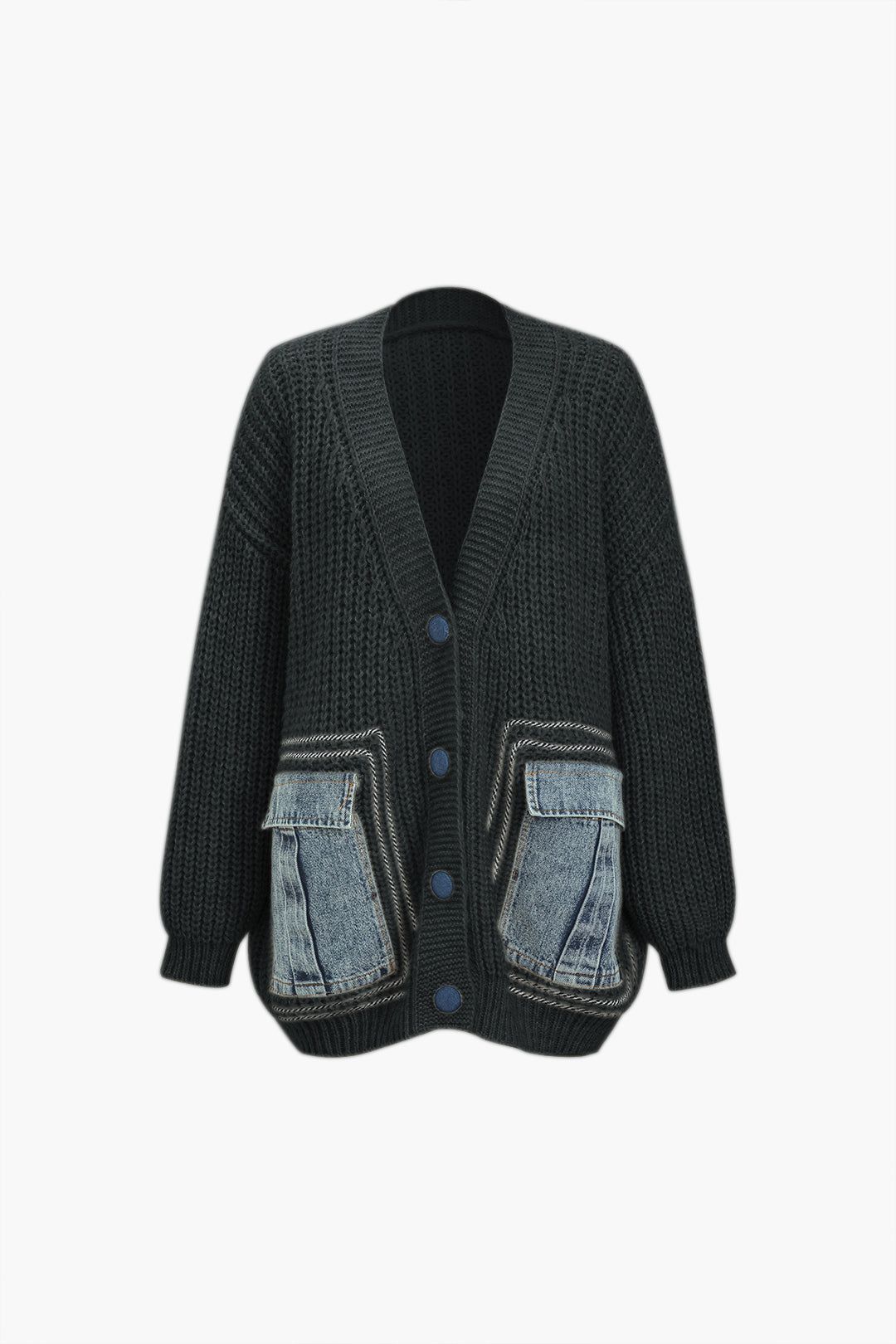 CHUNKY KNIT CARDIGAN WITH DENIM POCKETS - DENIM PATCHWORK CARDIGAN