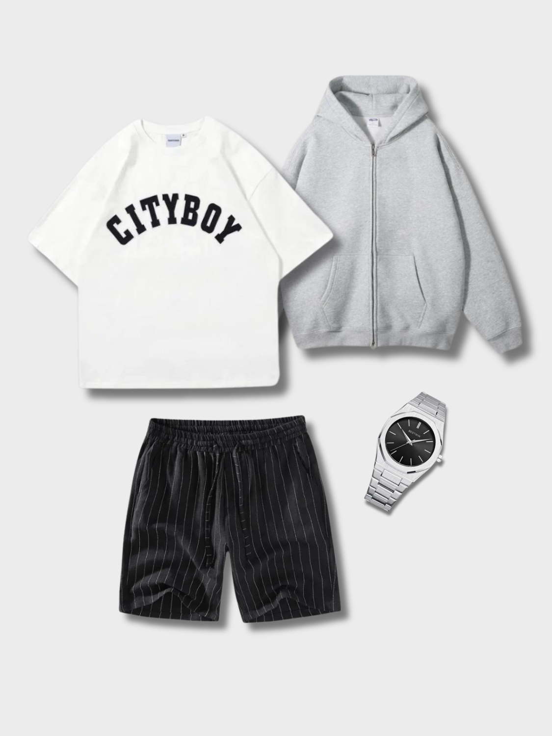 CLOTHING SET WITH T-SHIRT, HOODIE, SHORTS, AND WATCH FOR NIGHT SUMMER OUTFIT