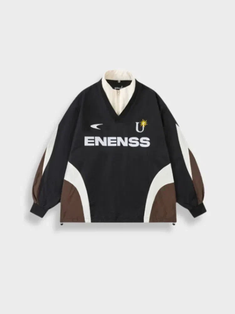 COLOR-BLOCKED JACKET NAVY BROWN WHITE ENENSS FOOTBALL ZIPPER