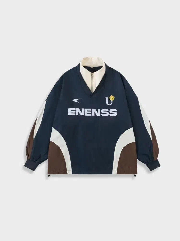 COLOR-BLOCKED JACKET NAVY BROWN WHITE ENENSS FOOTBALL ZIPPER