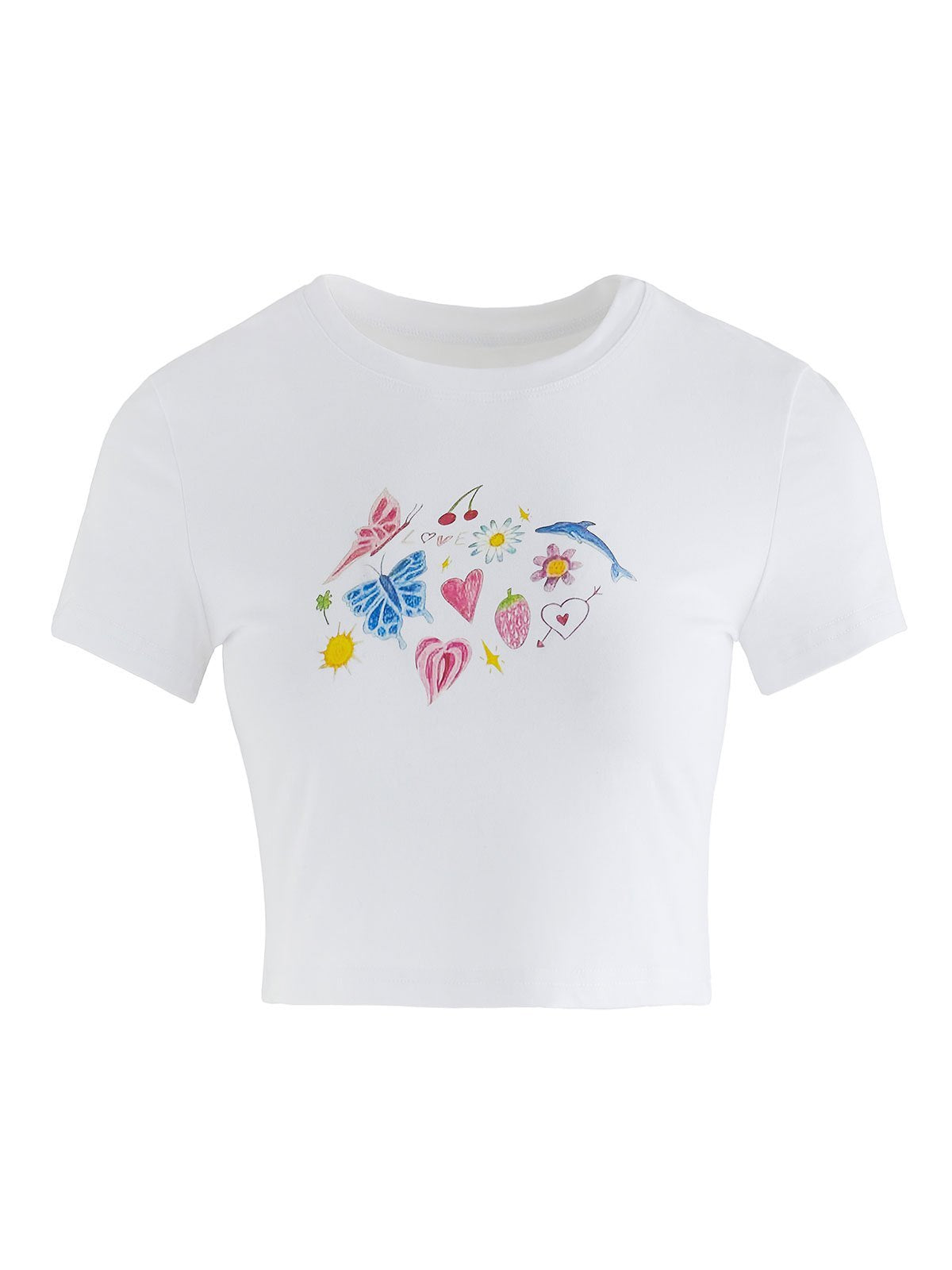COLORFUL DOODLE CROP TOP WITH ROUND NECK AND SLIM FIT IN COTTON BLEND