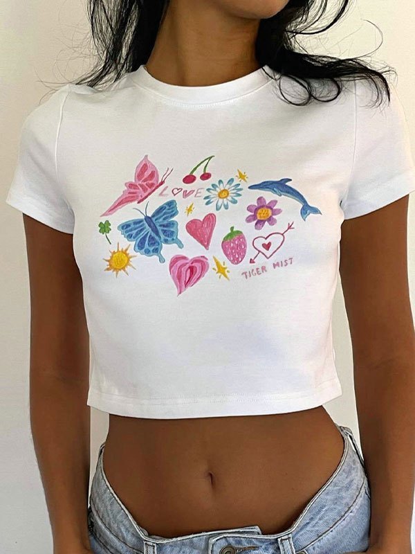 COLORFUL DOODLE CROP TOP WITH ROUND NECK AND SLIM FIT IN COTTON BLEND