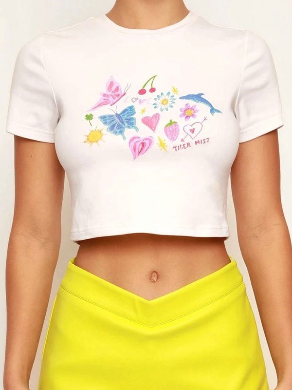 COLORFUL DOODLE CROP TOP WITH ROUND NECK AND SLIM FIT IN COTTON BLEND
