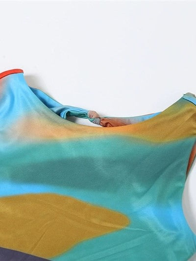COLORFUL PATTERNED DRESS WITH GRADIENT VINTAGE SLEEVELESS DESIGN