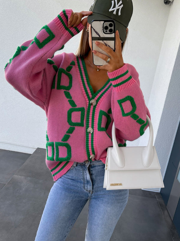 Contrast Single-Breasted Drop-Sleeve Sleeve Sweater Cardigan - Pink / S