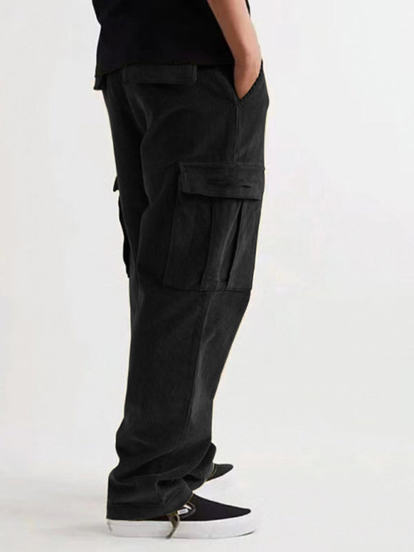 Corduroy multi-pocket straight trousers men’s sweeping pants men’s casual loose trousers - Black / M
