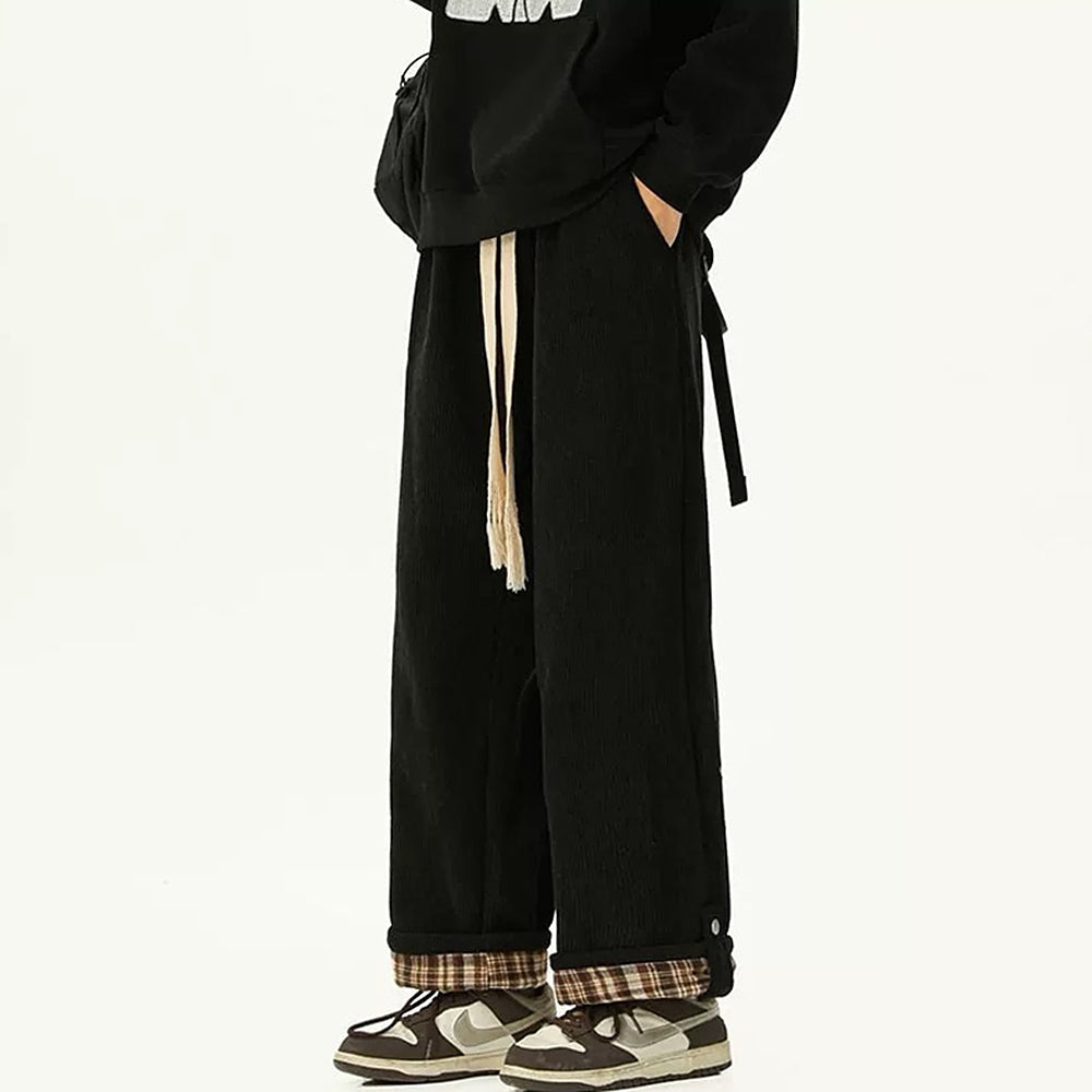 CORDUROY TROUSERS: CHECKERED PLAID CUFF WIDE-LEG PANTS