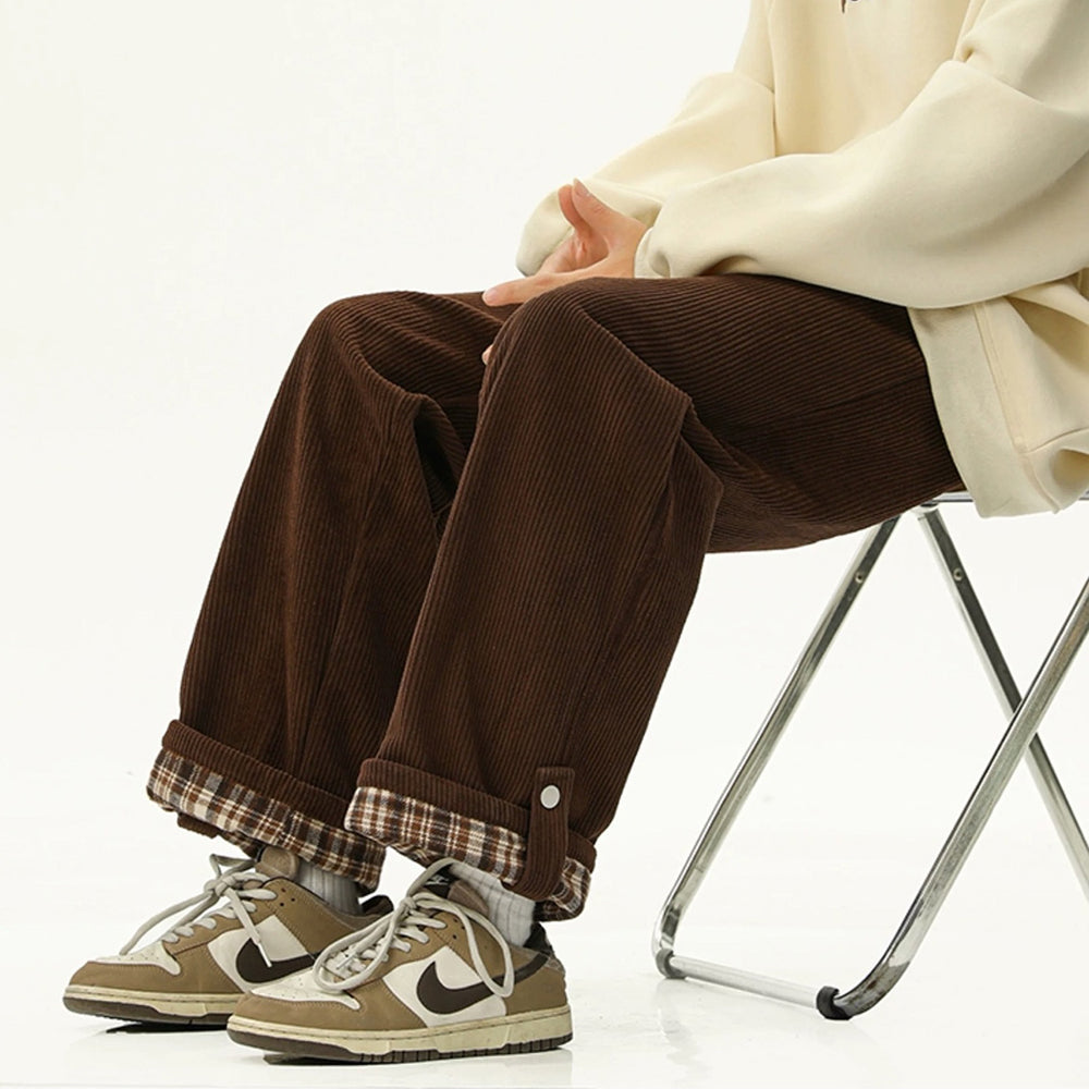 CORDUROY TROUSERS: CHECKERED PLAID CUFF WIDE-LEG PANTS