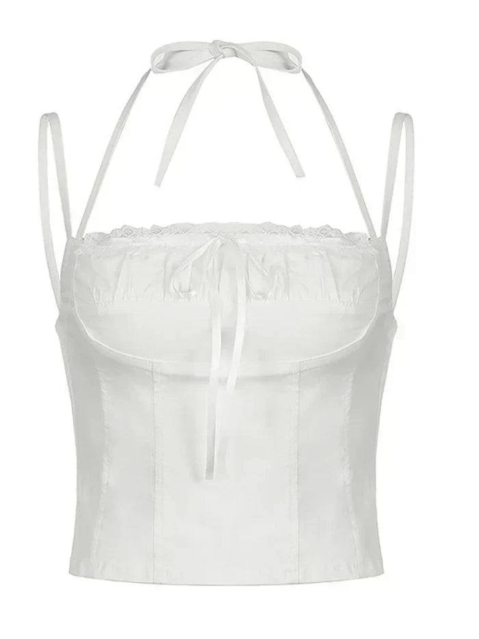 CORSET-STYLE TOP WITH RUFFLE BUST AND WHITE CUTE LACE DETAILS