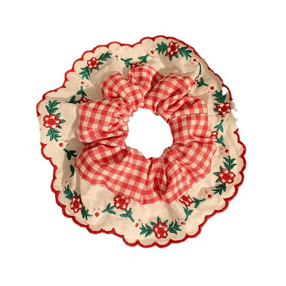 COTTAGECORE GINGHAM SCRUNCHIE WITH FLORAL TRIM FOR HAIR ACCESSORIES