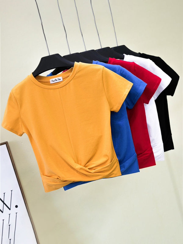 Cotton Short Sleeve Cropped Top Cross Knotted Skinny Cropped T-Shirt - Yellow / S