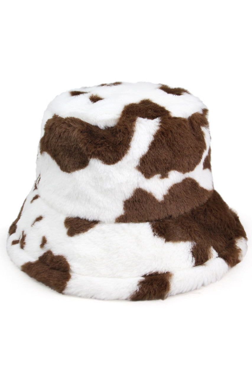 Cow Print Faux Fur Bucket Hat
