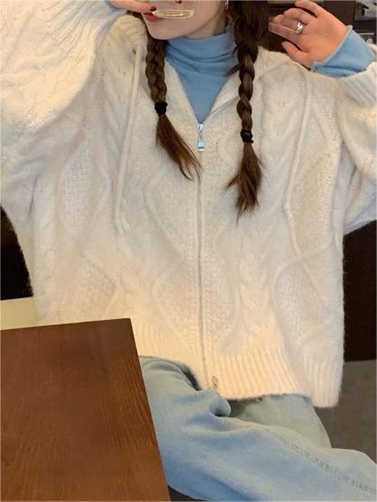 CREAM CABLE-KNIT HOODED CARDIGAN VINTAGE LOOSE CREW NECK