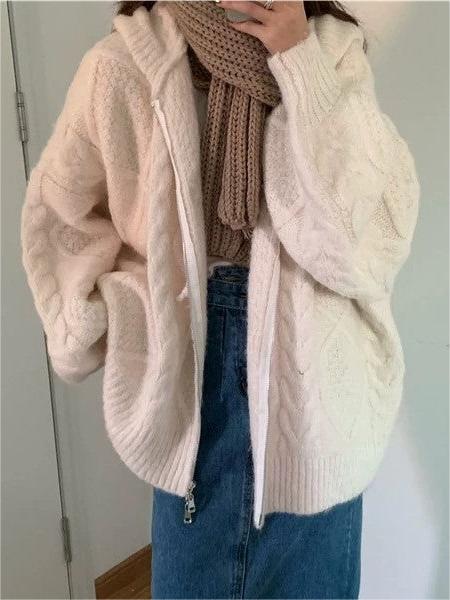 CREAM CABLE-KNIT HOODED CARDIGAN VINTAGE LOOSE CREW NECK