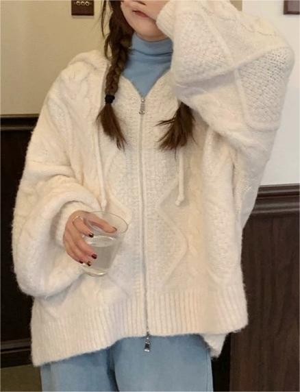 CREAM CABLE-KNIT HOODED CARDIGAN VINTAGE LOOSE CREW NECK